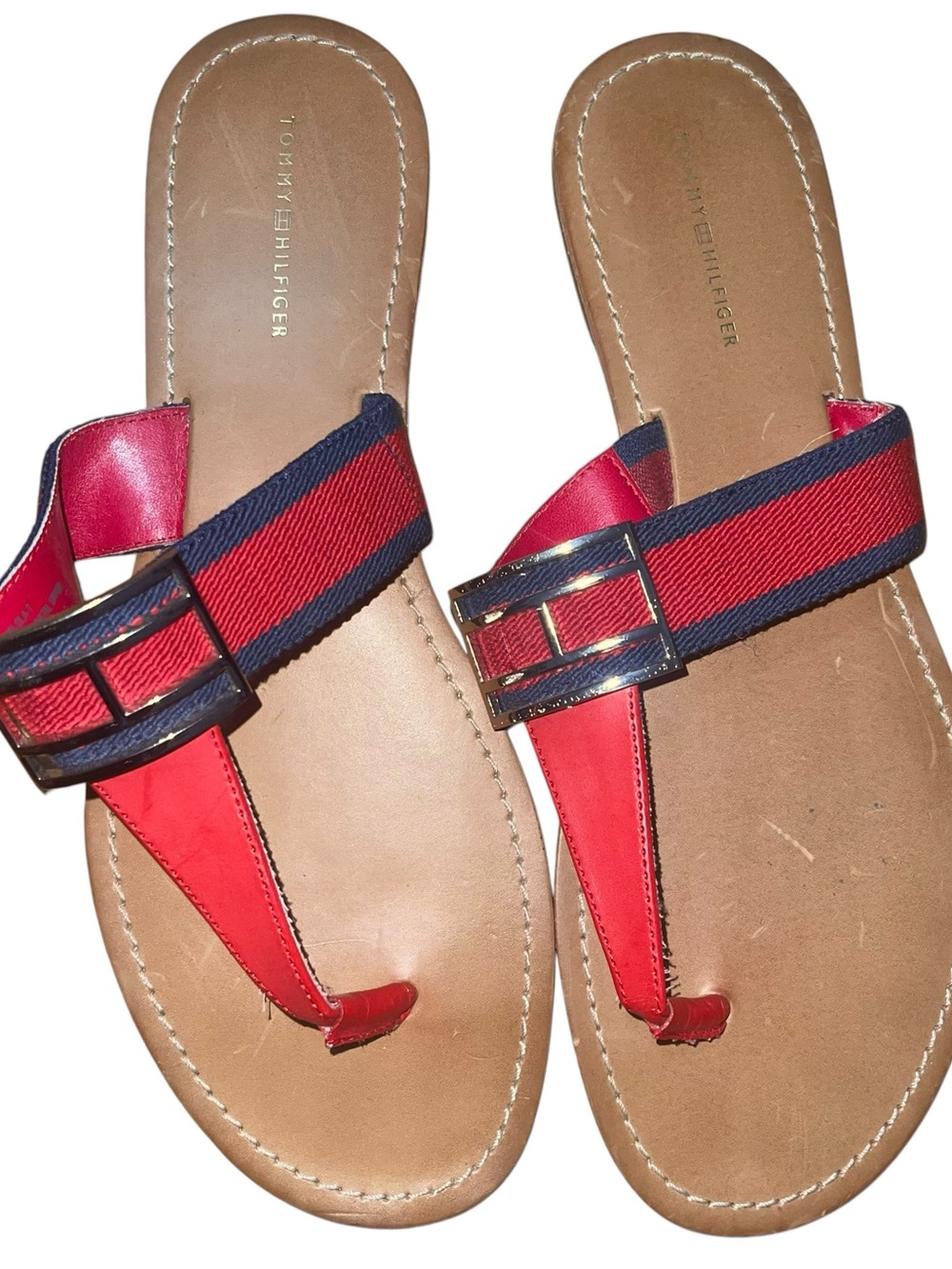 Tommy Hilfiger Womens Red Navy Logo Thong Flip Flop Sandals Preppy